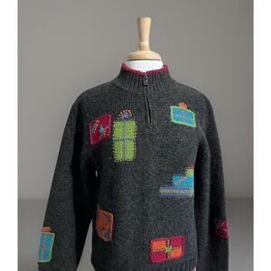 Vintage Woolrich Sweater Womens L Christmas Present Holiday 100% Wool 1/4 Zip